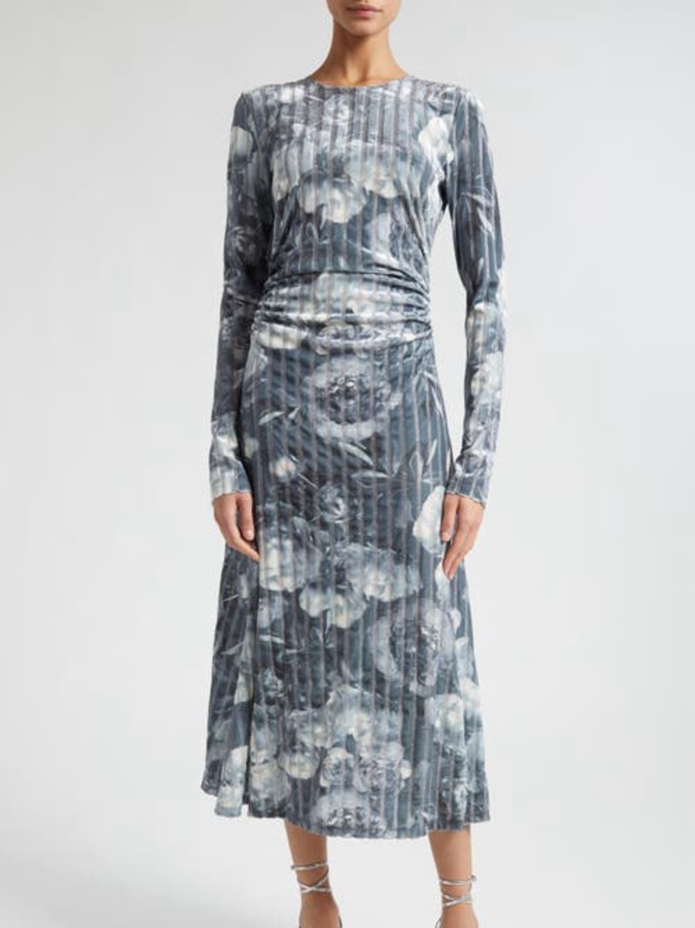 STINE GOYA BLACKLEY FLORAL LONG SLEEVE RIB MIDI VELVET SMALL